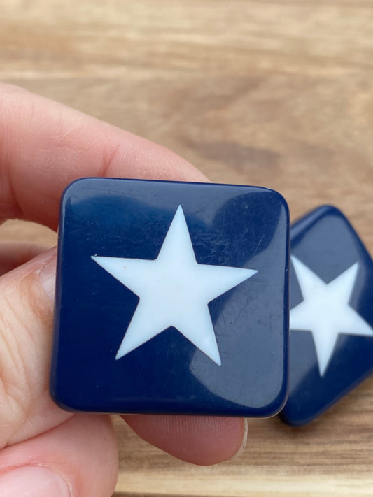 Vintage navy blue square clip on button earrings with white stars