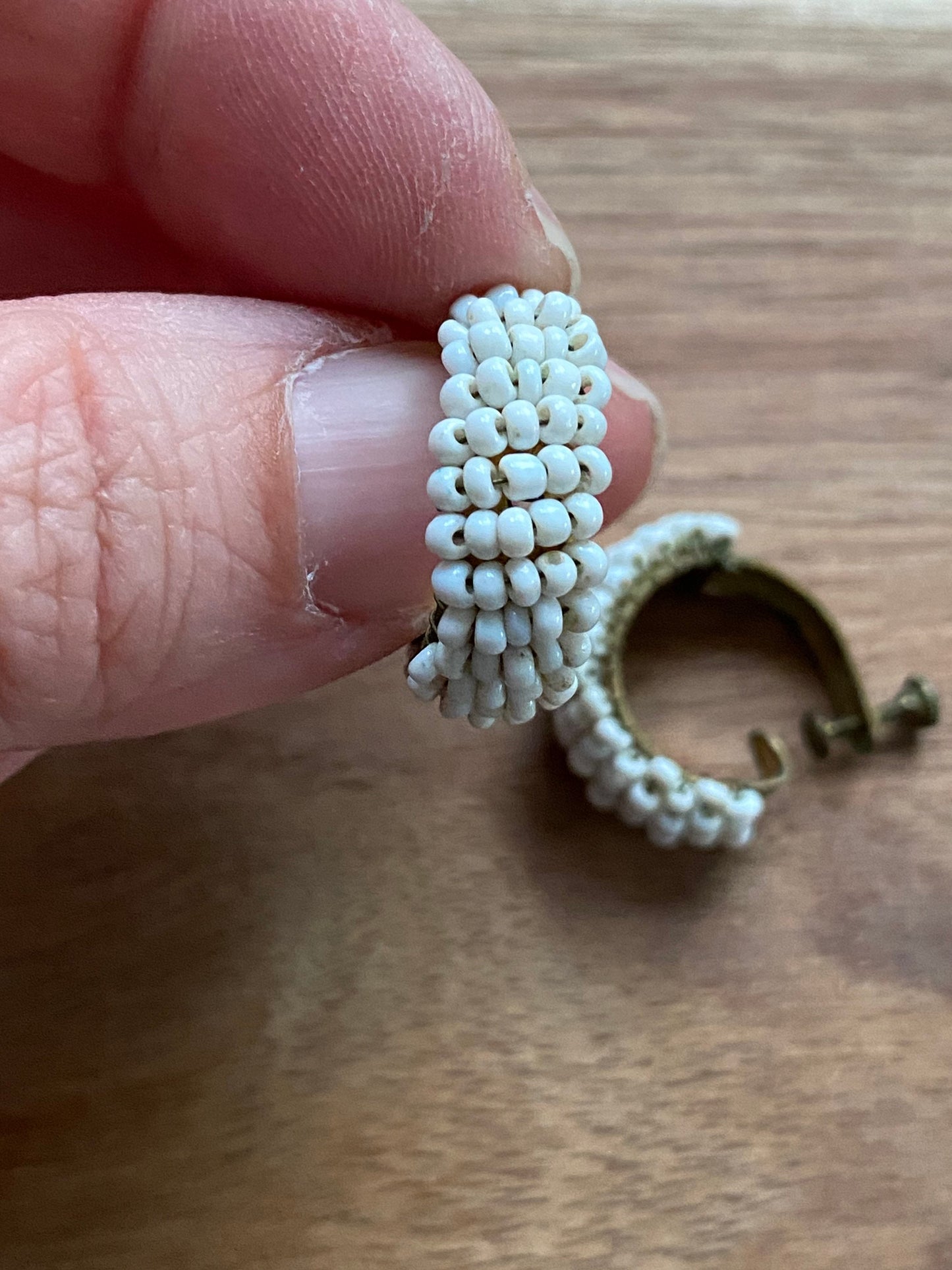 Vintage white beaded hoop screwback earrings