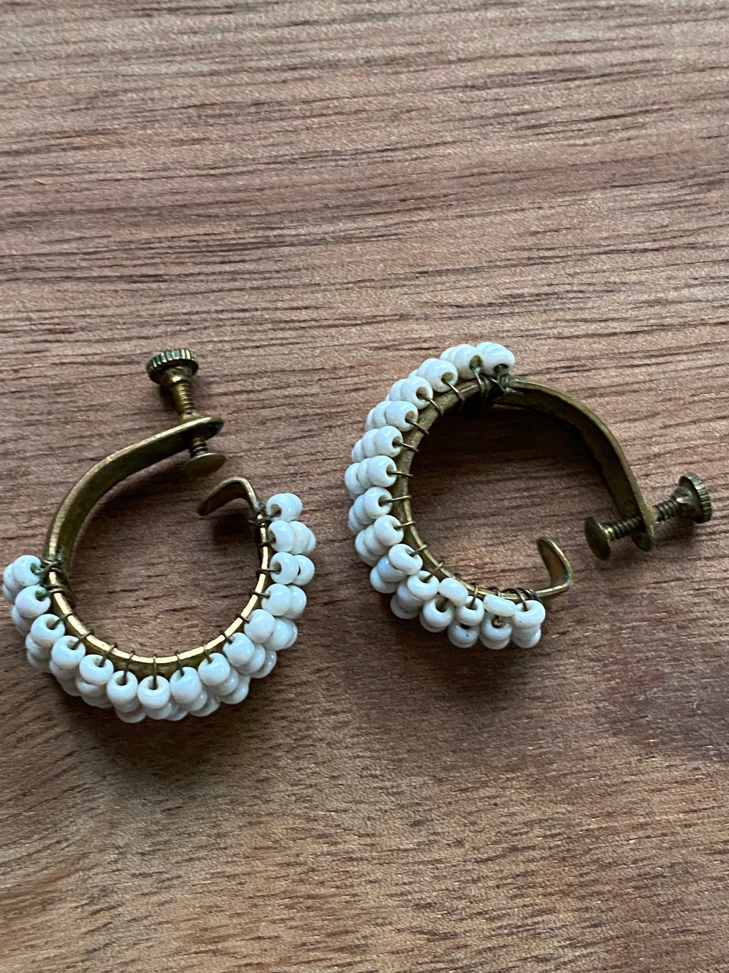 Vintage white beaded hoop screwback earrings