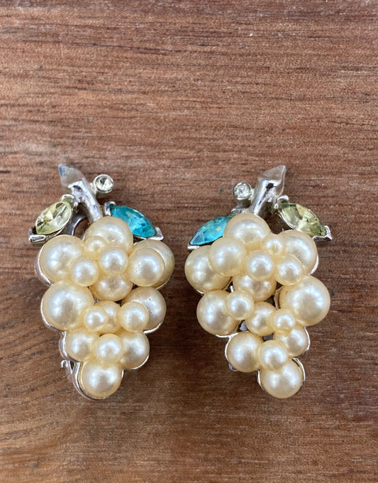 vintage clip on earrings, bunch of pearls as grapes