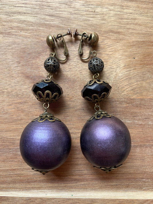 Dangling purple queen sized boho clip on earrings, dangling screwback earrings