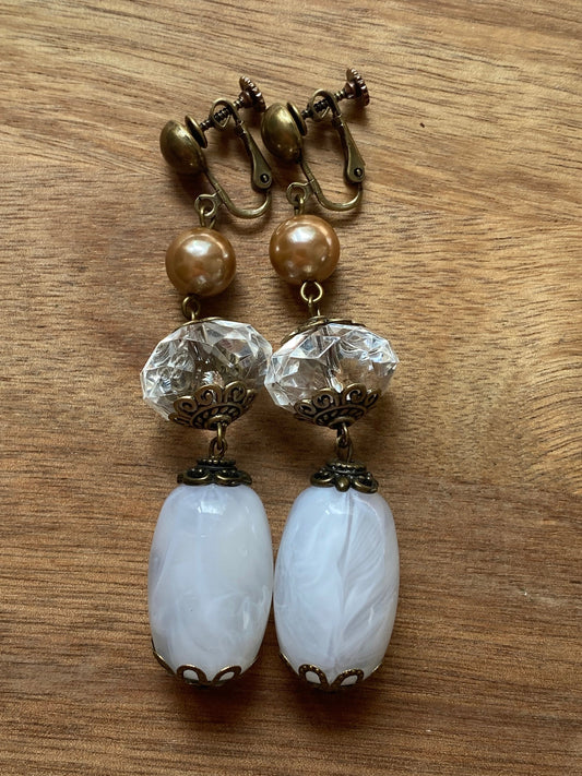 Dangling white boho clip on earrings, dangling screwback earrings