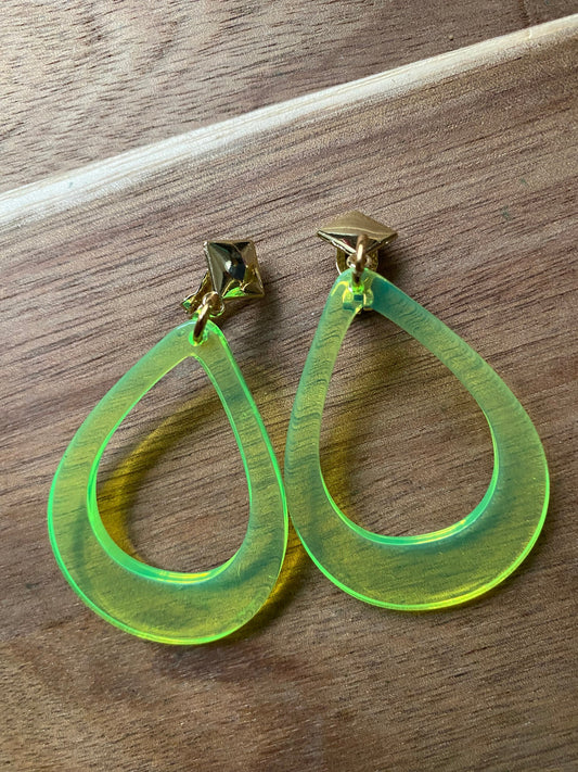 dangle clip on neon transparent teardrop hoop earrings