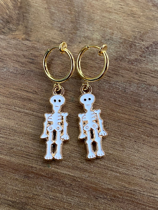 Gold and white dangling clip on skeleton earrings, halloween spring hoop skeleton earrings for unpierced ears