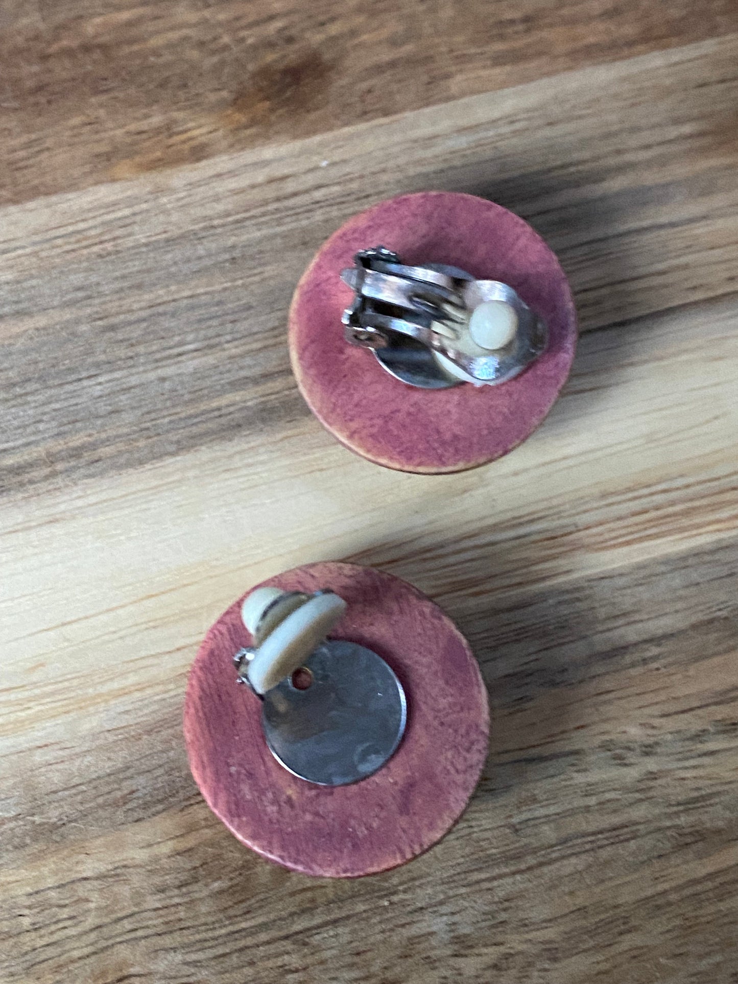 Vintage clip on painted wooden button earrings | pink clip on earrings