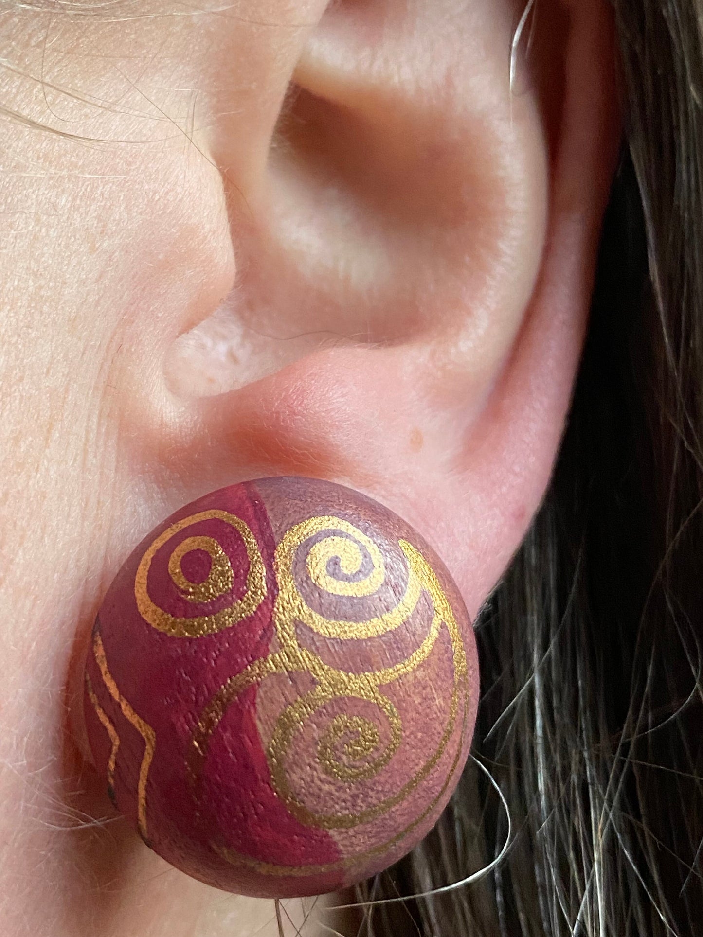 Vintage clip on painted wooden button earrings | pink clip on earrings