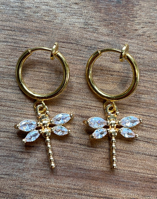 Sparkling zircon dragonfly huggie clip on earrings, retractable spring hoop clip on earrings