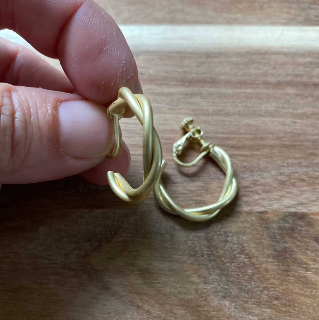 Simple Twisted Gold Clip on Hoop Earrings