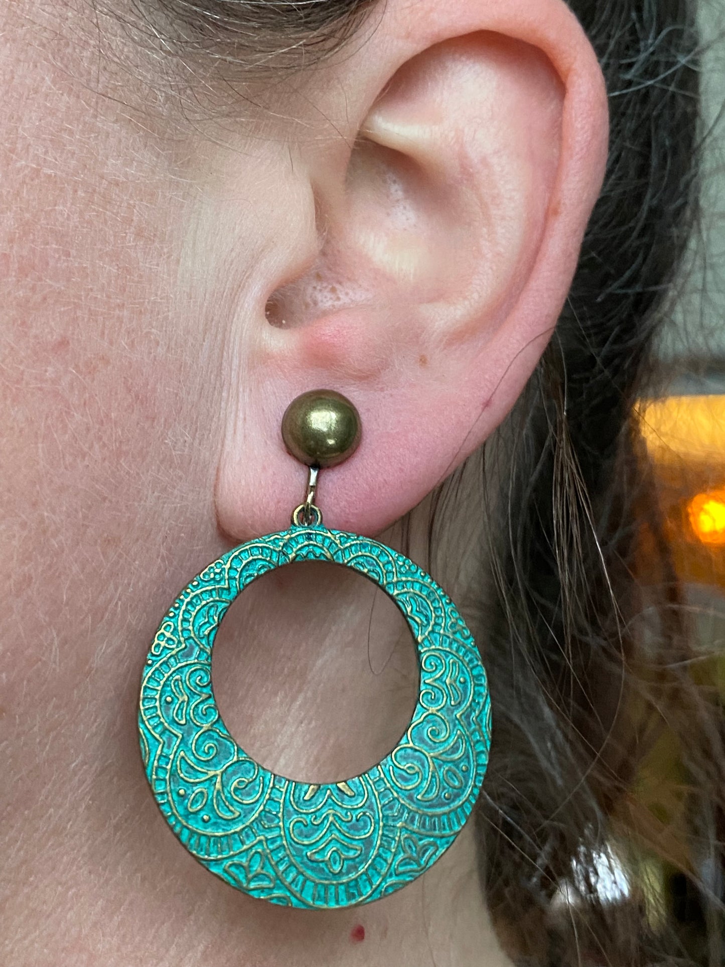 Dangling turquoise patina hoops with bronze hinged screwback closures