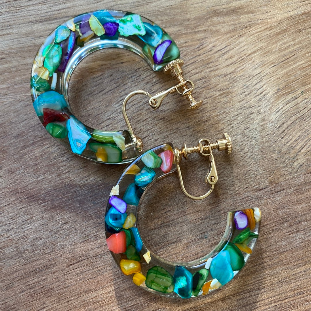 Multicoloured plastic hoop clip on earrings