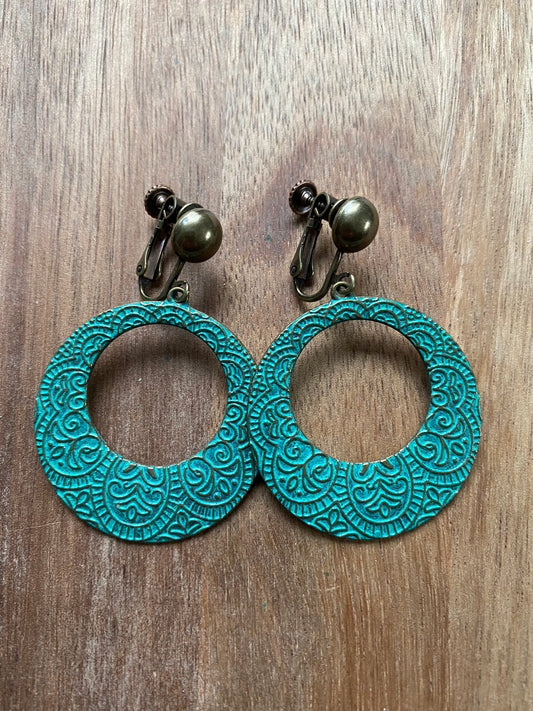 Dangling turquoise patina hoops with bronze hinged screwback closures