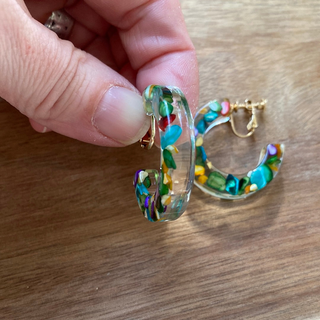 Multicoloured plastic hoop clip on earrings