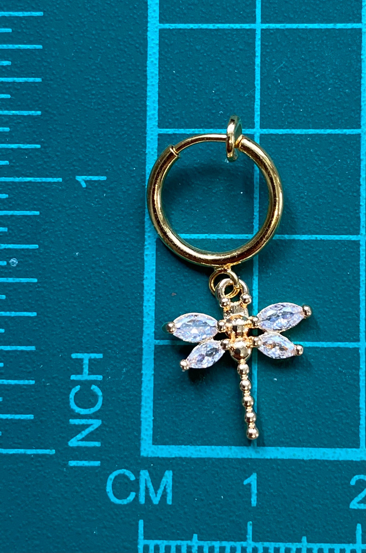 Sparkling zircon dragonfly huggie clip on earrings, retractable spring hoop clip on earrings