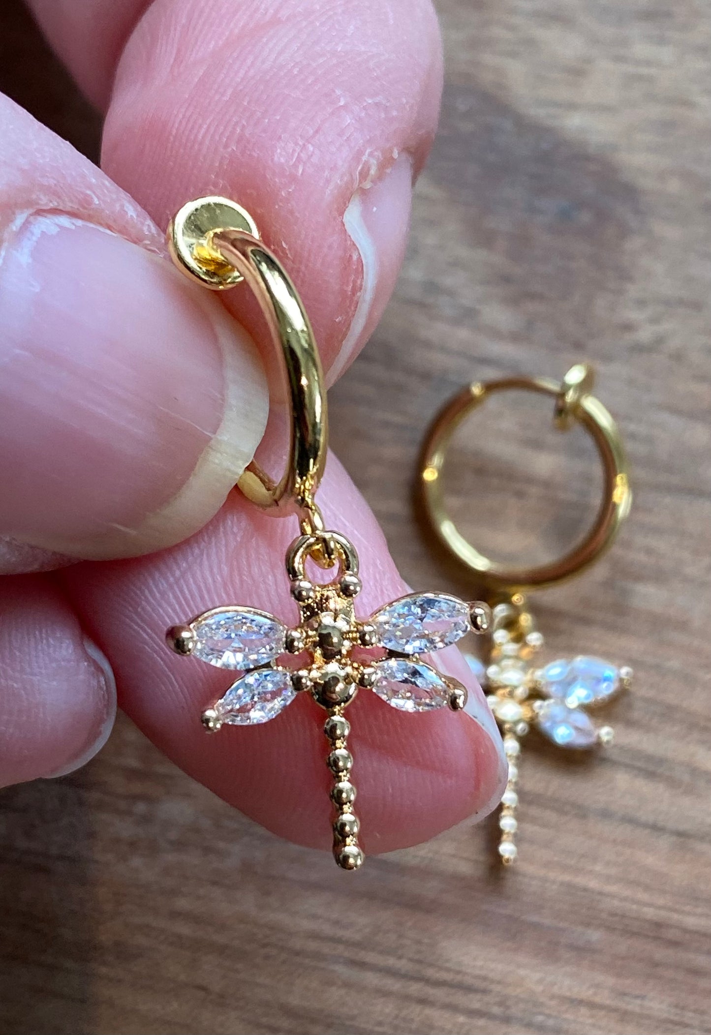 Sparkling zircon dragonfly huggie clip on earrings, retractable spring hoop clip on earrings