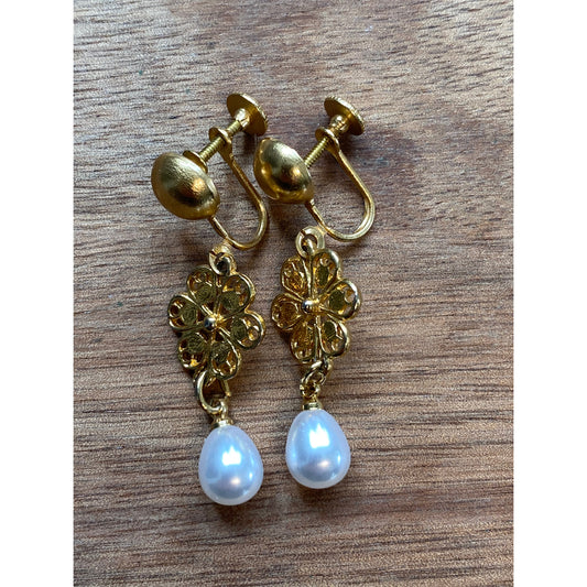 Dangling pearl and flower screwback earrings, clip on earrings