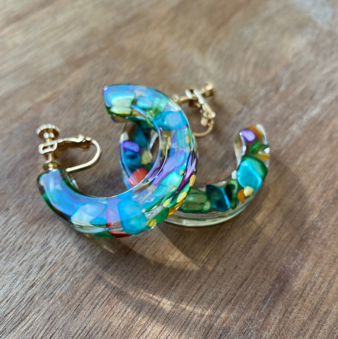 Multicoloured plastic hoop clip on earrings